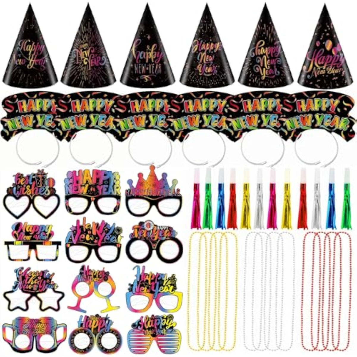 48pcs 2026 New Year Party Decorations Hats Tiaras Blowouts Necklaces