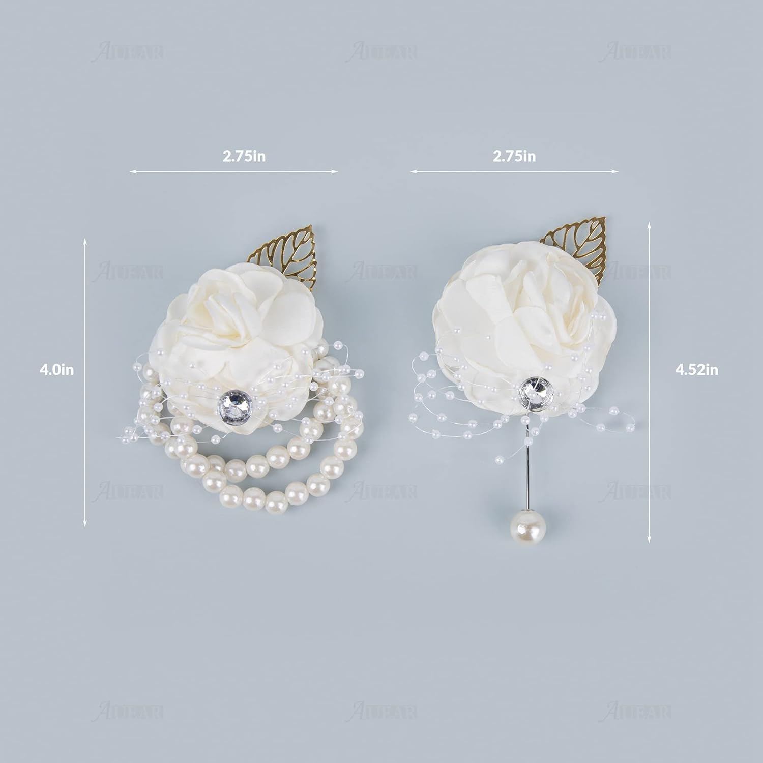 , 2 Pack White Rose Bridesmaid Wrist Flower Corsage Bride Silk With Artificial Gold Leaf Pearl Bead