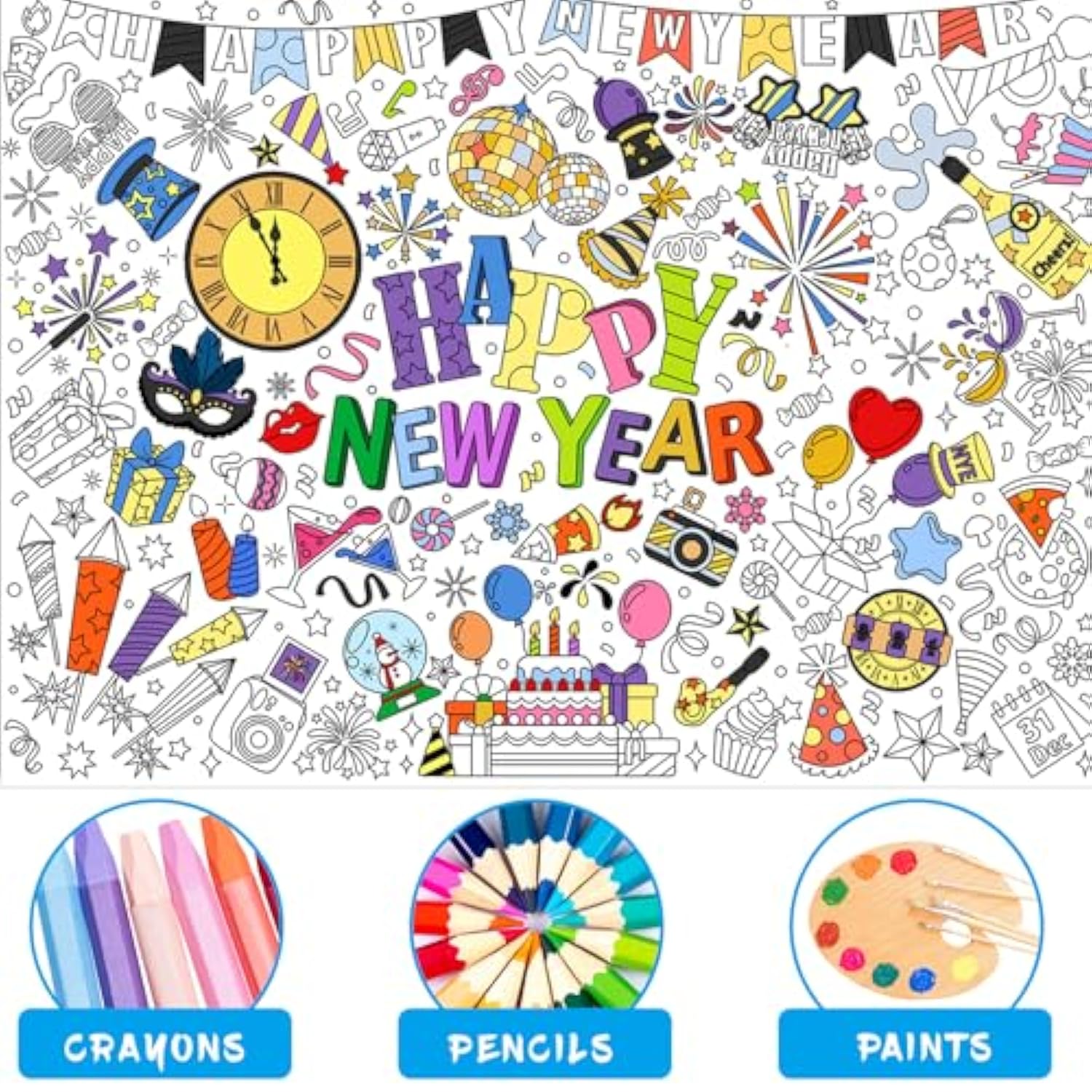 Happy New Year 2026 Coloring Poster with Paint Pens for Kids Parties