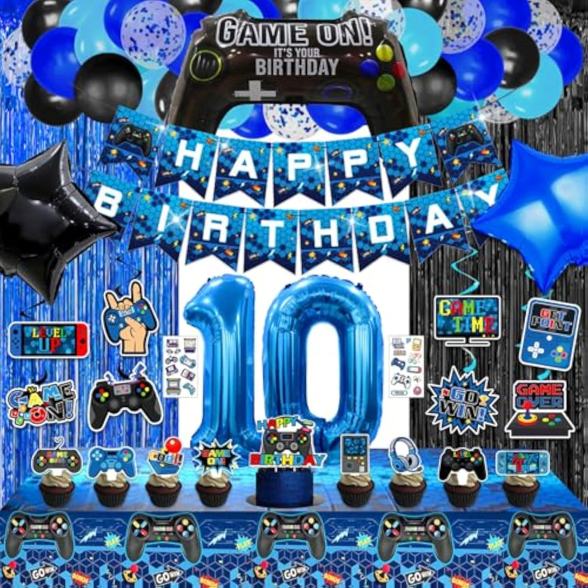 71Pcs Video Game 10Th Birthday Party Decorations, Blue Black Level 10 Birthday Decorations Banner Hanging Swirls Balloons Garland Arch Foil Curtains Tablecloth For Boys 10Th Birthday Decorations