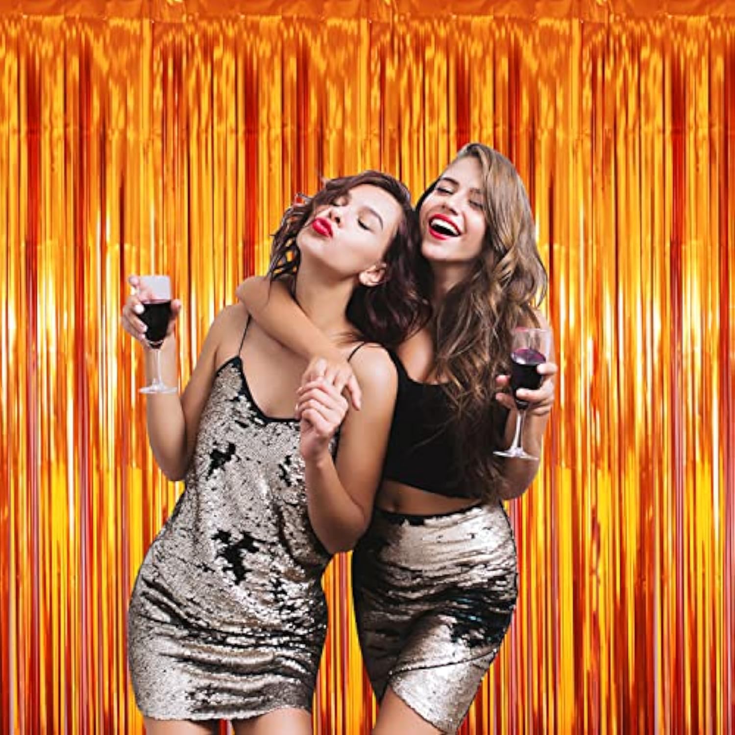 6.4x8.2ft Metallic Tinsel Foil Fringe Curtains 2 Pack Orange Party Backdrop