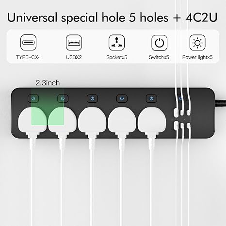 Universal Travel Power Strip with USB C Ports and 6ft Cord