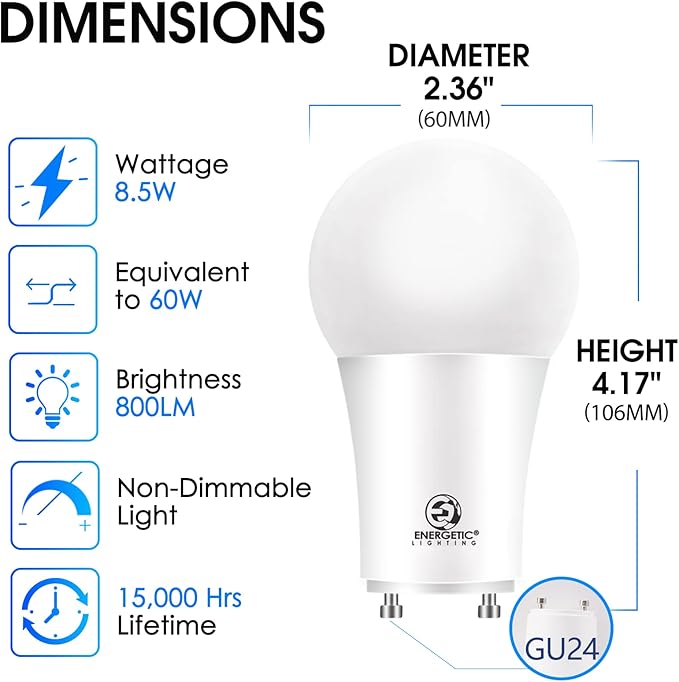 GU24 LED Light Bulbs 4 Pack A19 60W Equivalent 2700K Soft White 800 Lumens UL Listed