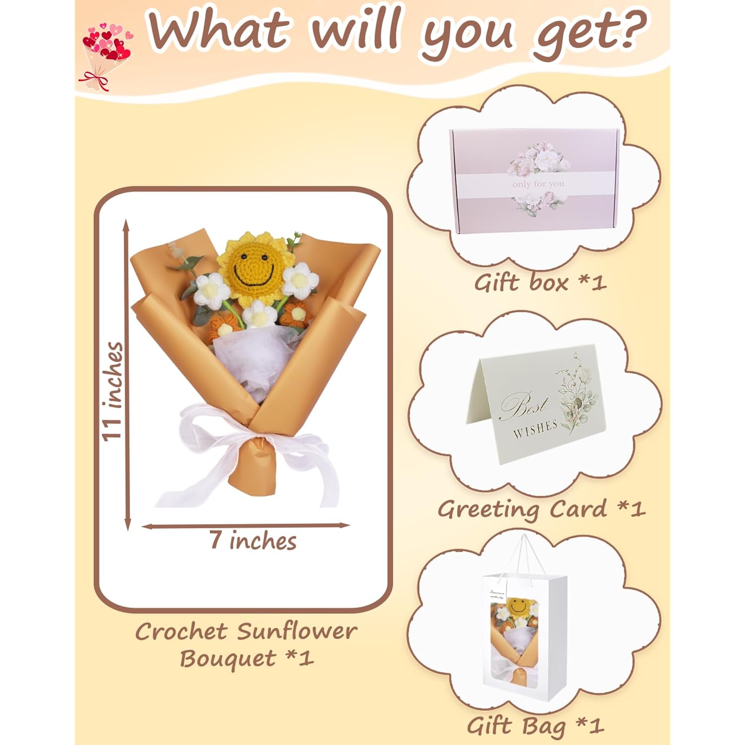 Handmade Crochet Flower Bouquet, Preserved Flowers Gift For Women With Sunflower & 5 Pcs Puff, Comes With Sophisticated Gifts Box & Bag, Perfect For Anniversary Orange