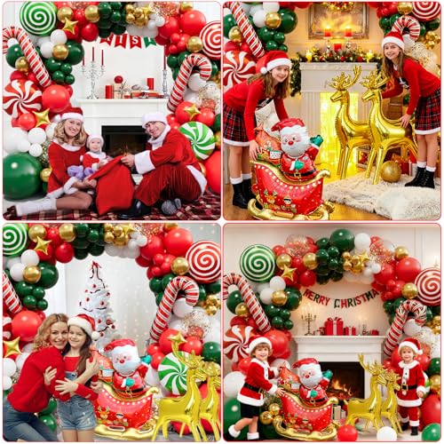 157pcs Christmas Balloon Arch Kit - Red White Green Gold Balloons, Candy Balloon, Cane Balloons, Sleigh Balloons, Elk Foil Balloons for Xmas Balloon Garland Kit Christmas Party Decorations