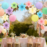 15Pcs Pastel Spring Classroom Decor Kit,Hanging Paper Lanterns Paper Flowers Fans For Easter Baby Shower Birthday Party Rainbow Wall Decor