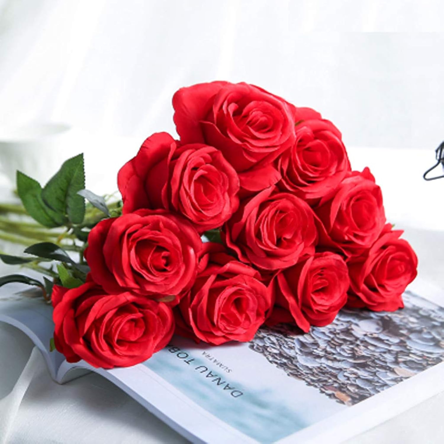 Artificial Flowers, Real Looking Blush Fake Rose Long Stem Silk Artificial Rose Flowers Home Decor For Bridal Wedding Bouquet, Centerpieces Birthday Flowers Party Garden Floral Arrangement Red
