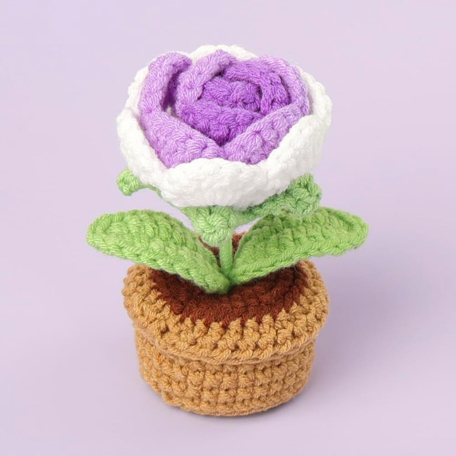 2 Pieces Handmade Crochet Flowers Small Potted Artificial Rose Flowers For Car Dashboard Home Office Table Centerpiece Shelf Decor,Gradient Purple+Yellow