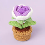 2 Pieces Handmade Crochet Flowers Small Potted Artificial Rose Flowers For Car Dashboard Home Office Table Centerpiece Shelf Decor,Gradient Purple+Yellow