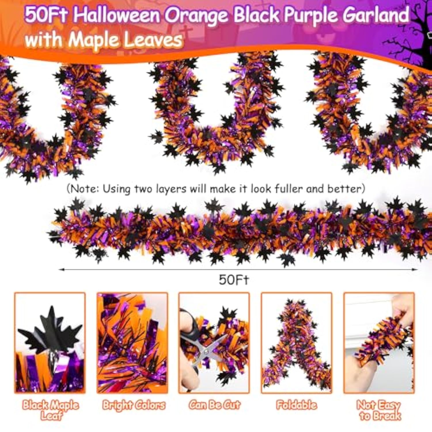 50Ft Halloween Tinsel Garland - Orange & Purple Metallic with Black Maple Leaves for Party Decor