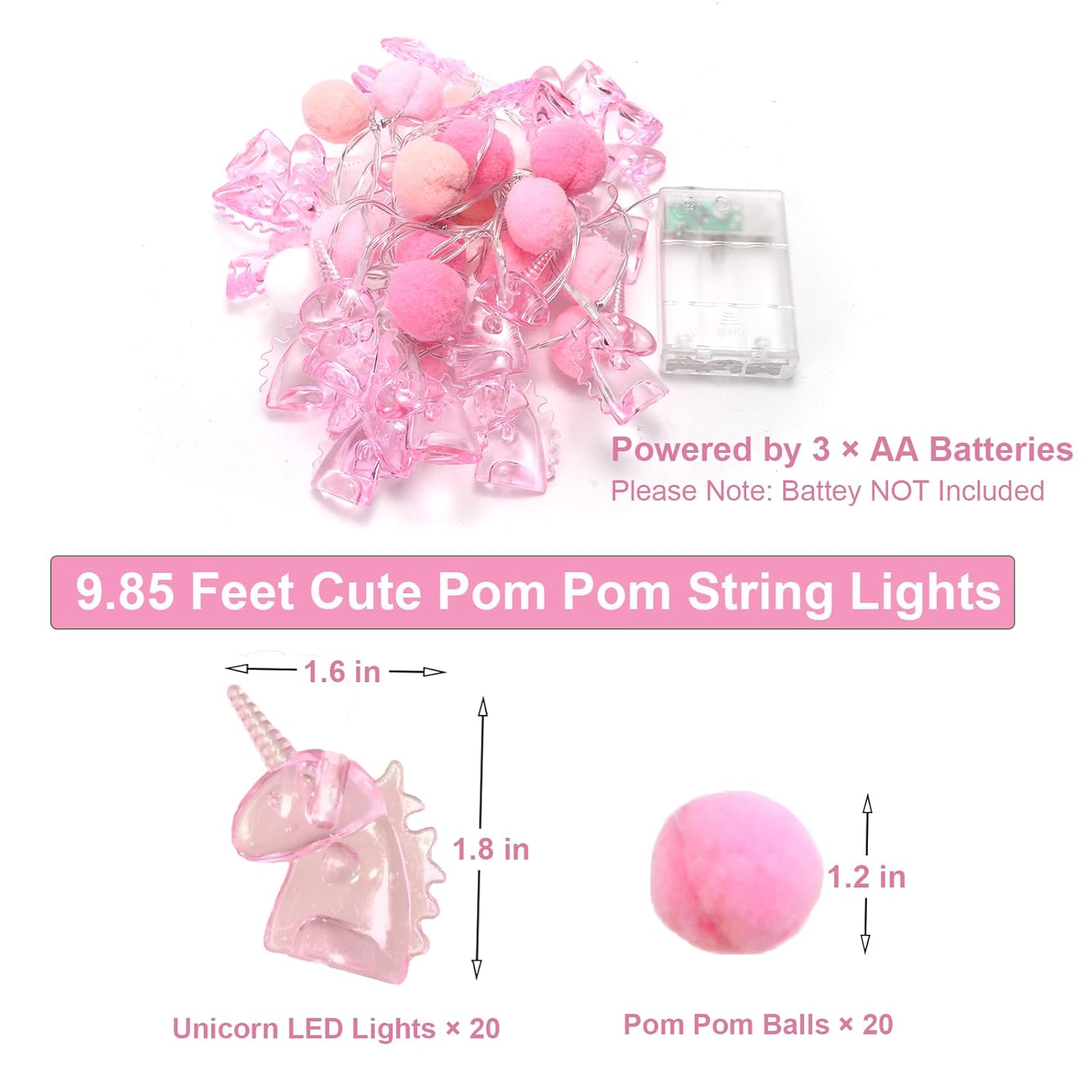 9.85Ft Room Decor String Lights With 20 Cute Pompoms 20 Pink Unicorn Led Lights Battery Operated With Timer For Girls Be