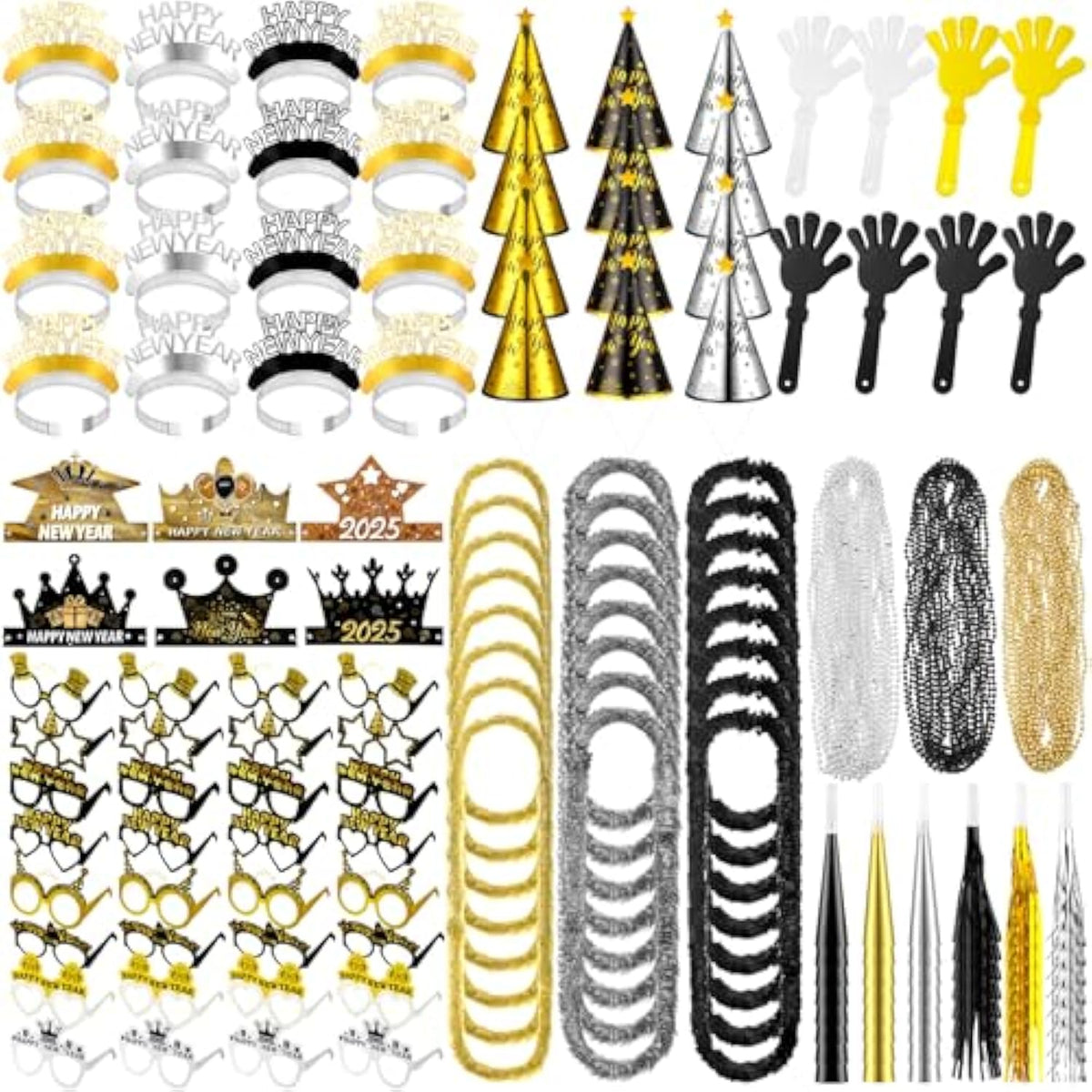 288 Pcs 2025 New Year Party Kit with Crowns, Glasses, Hats, Noisemakers, and Necklaces
