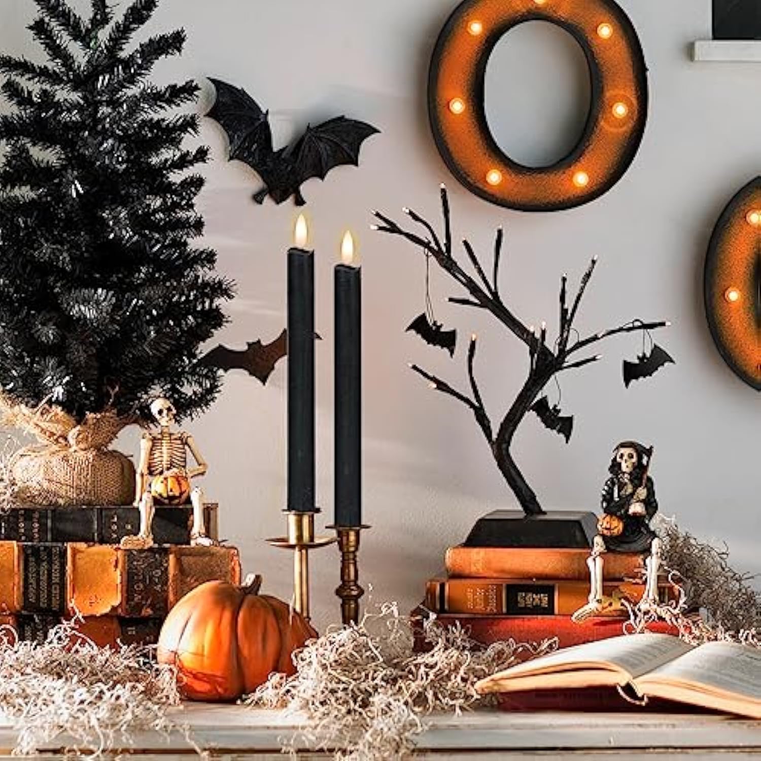 Flameless Black Taper Candles Flickering With 10-Key Remote, Battery Operated Led Warm 3D Wick Light Window Candles Real Wax Pack Of 6, Christmas Home Wedding Decor(0.78 X 9.64 Inch)