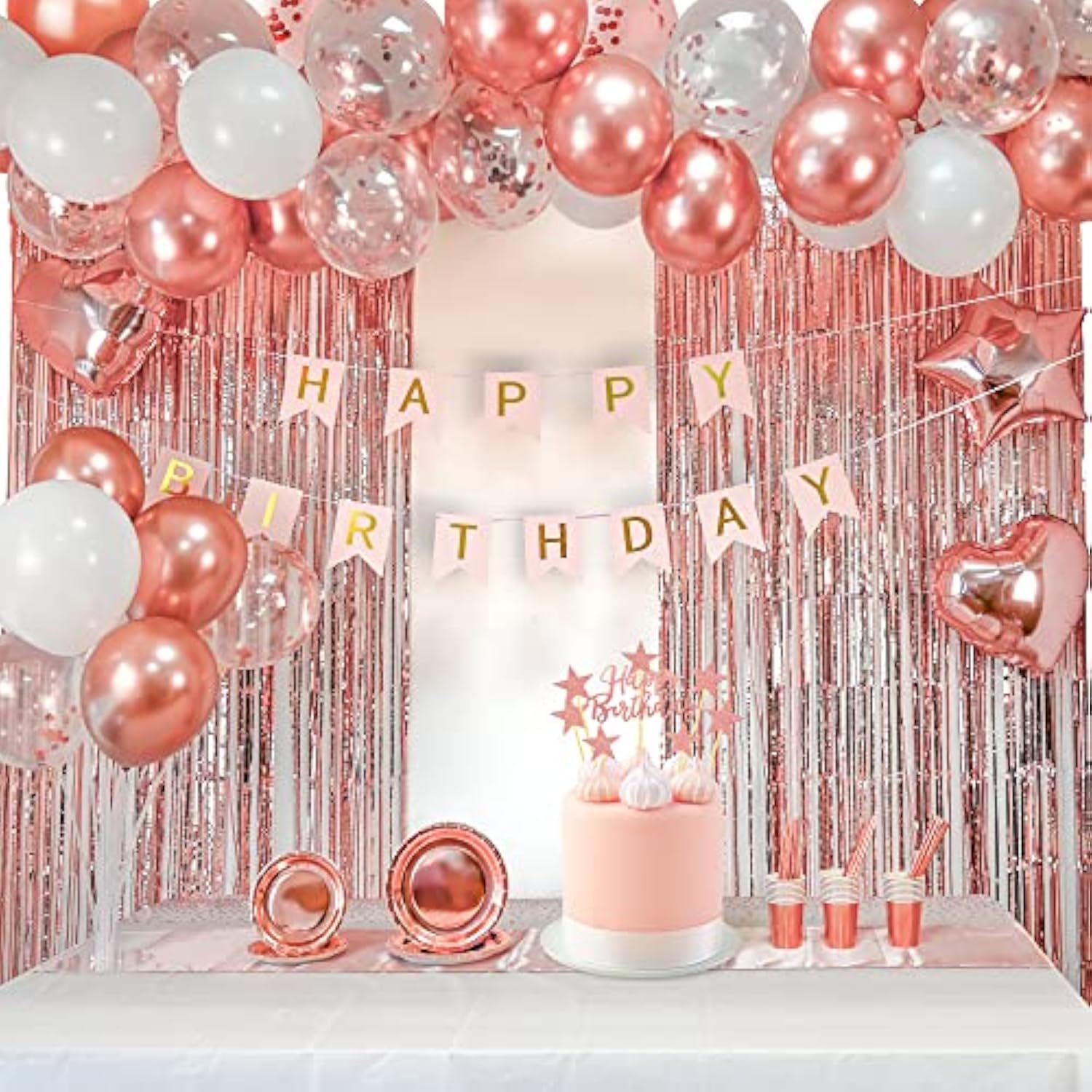 253 Pcs Birthday Decorations For Women, Rose Gold Party Decorations, Happy Birthday Decorations - Balloon Stand Kit, Tableware Kit,Pump, Banner, Tassel Curtain,Balloon, For 25 Guests