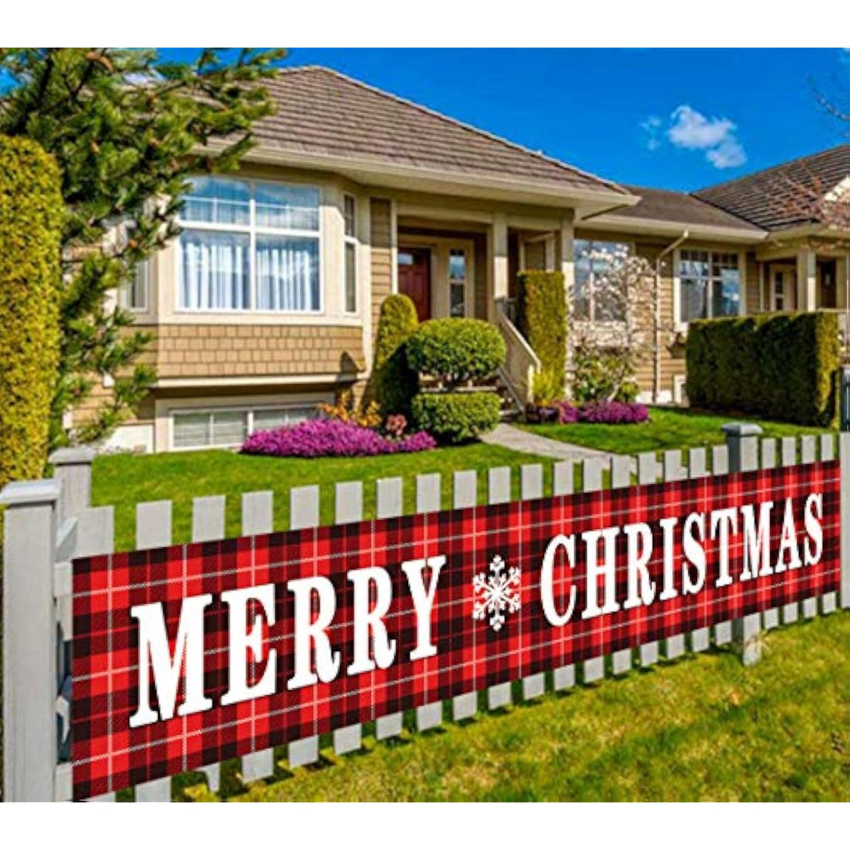 Large Merry Christmas Banner, Red Buffalo Plaid Yard Christmas Banner, Xmas Decorations For Outdoor Indoor, Xmas Party Decoration Supplies (9.8 X 1.6 Feet)