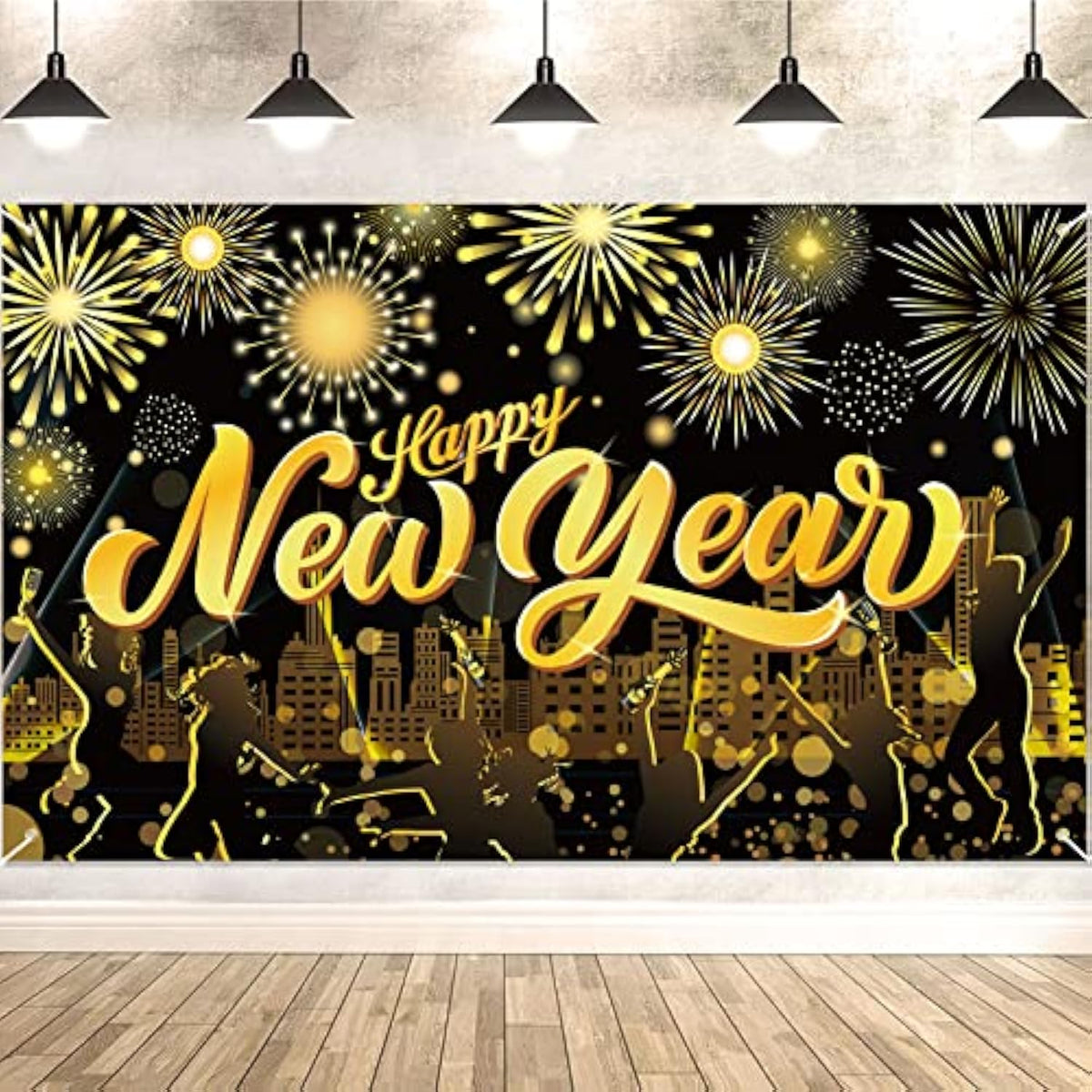 Extra Large Black Gold Happy New Year 2026 Banner Photo Backdrop Decor