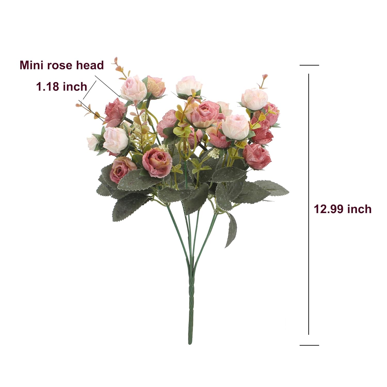 7 Branch 21 Mini Rose Heads Artificial Flowers Bouquet Wedding Home Office Decor,Pack Of 2 (2 Pcs Pink)