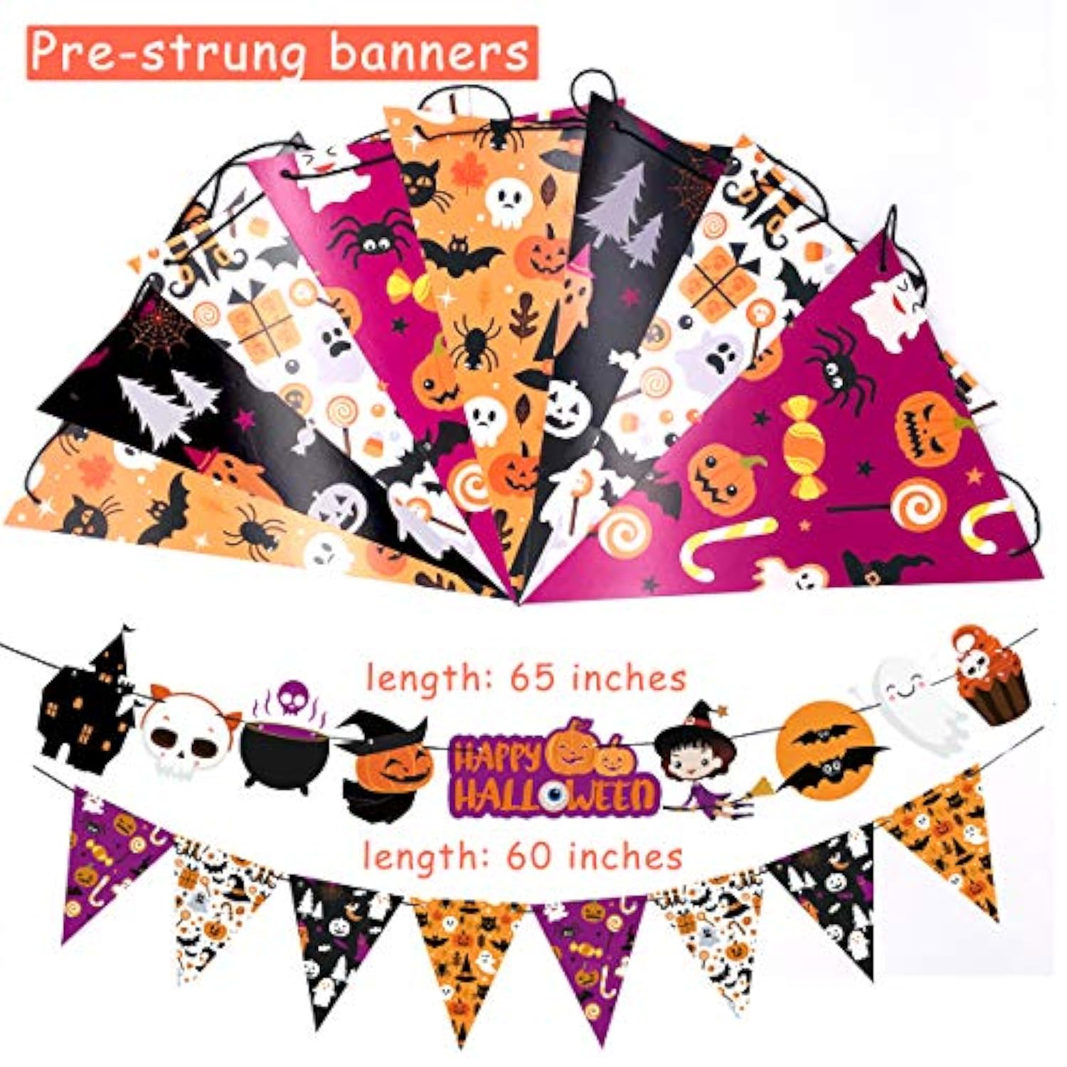2025 Halloween Banner Pre-Assembled Garland Triangle Flag Pumpkin Ghost Bat Party