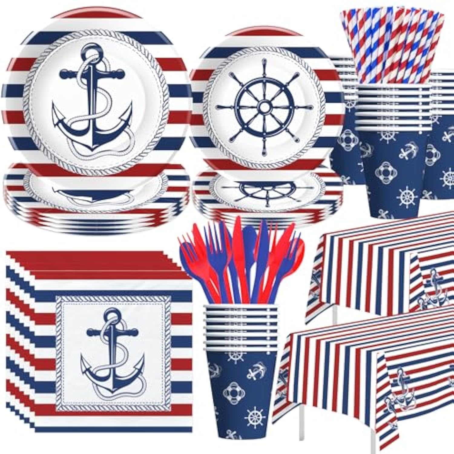 Nautical Party Decorations Tableware - Nautical Anchor Birthday Party Supplies, Plate, Cup, Napkin, Tablecloth, Cutlery, Naby Blue And Red Sailor Boat Theme Baby Shower Decorations | Serve 24