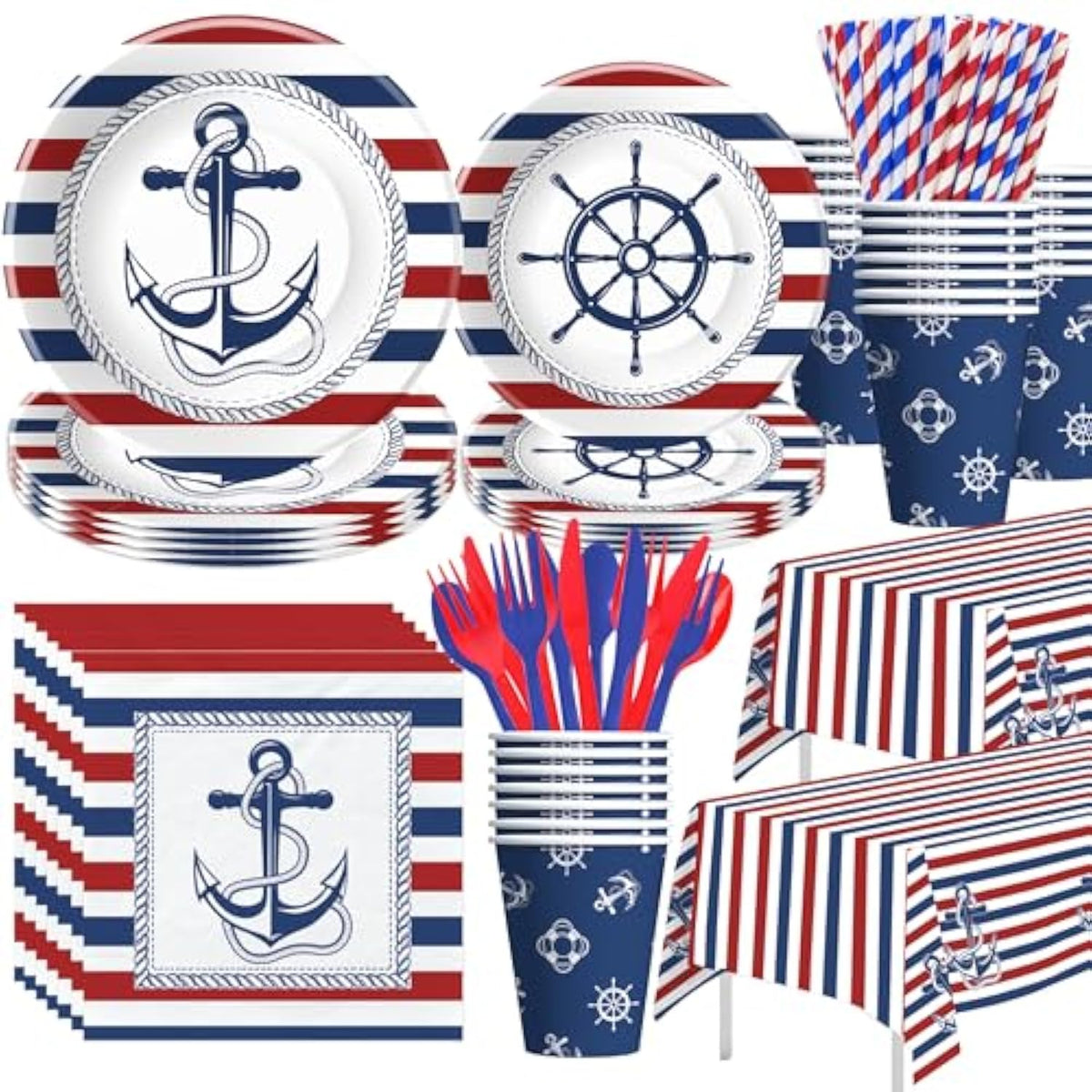 Nautical Party Decorations Tableware - Nautical Anchor Birthday Party Supplies, Plate, Cup, Napkin, Tablecloth, Cutlery, Naby Blue And Red Sailor Boat Theme Baby Shower Decorations | Serve 24