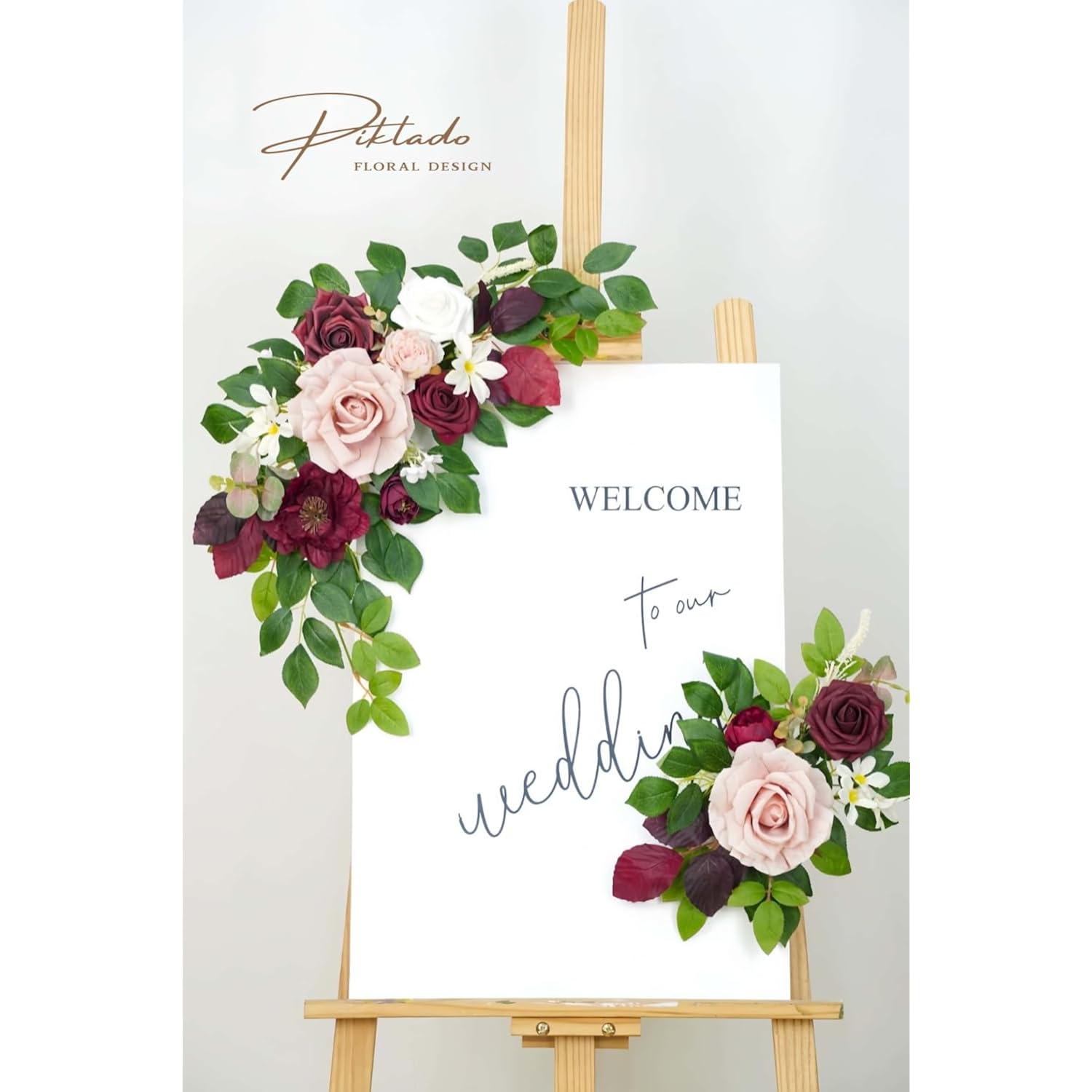 Wedding Decor (Pack Of 2) Welcome Sign Flower Backdrop Garland For Ceremony Reception Wall Easel Home Decoration Entryway Faux Outdoor Board Head Table Decor (Burgundy & Dusty Rose)