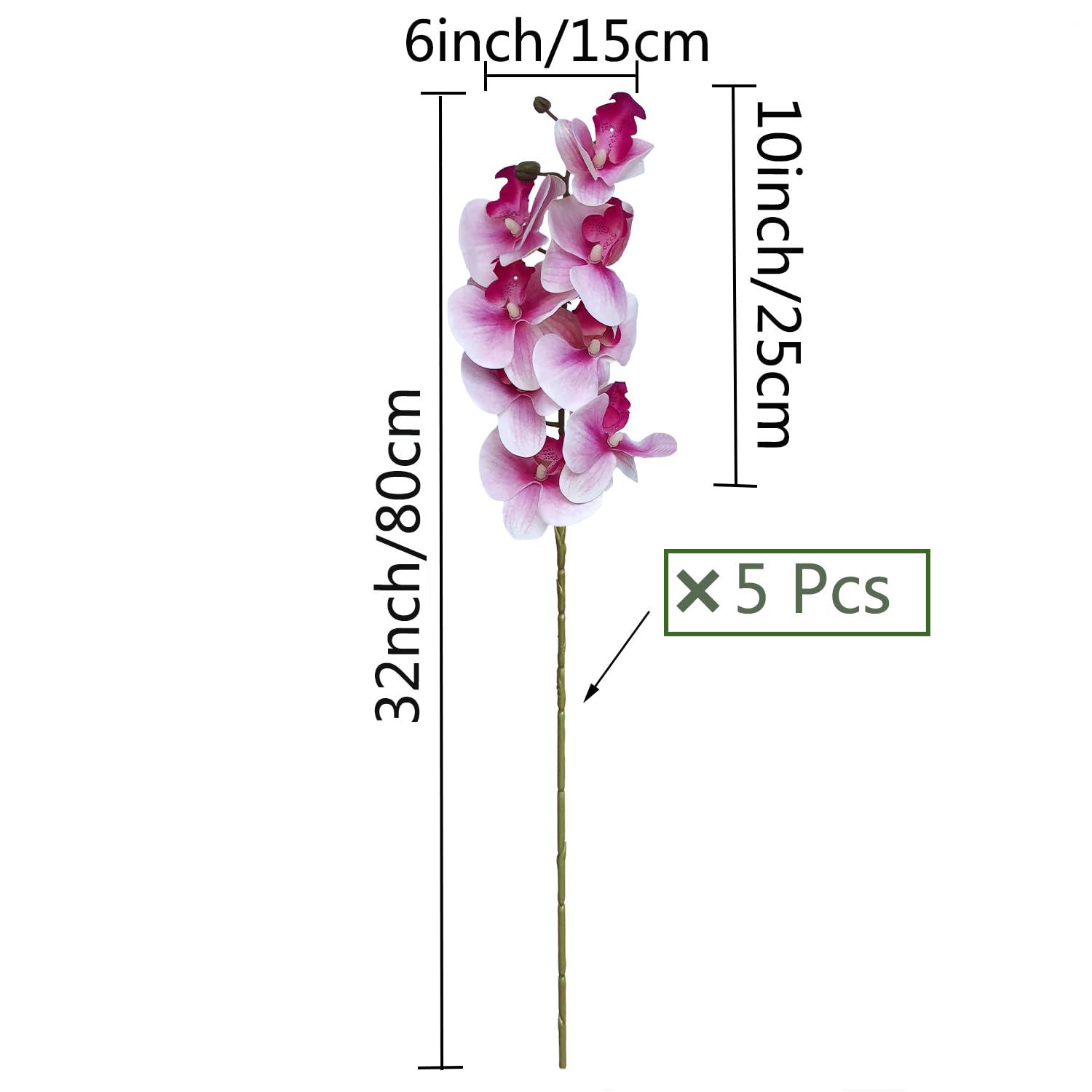 5 Pcs Artificial Orchid Flowers,Artificial Phalaenopsis Flowers 32 Inch Stem Plants For Home Wedding Decoration (White Flower Purple Core)