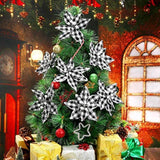 12 Pieces Buffalo Plaid Poinsettias Christmas Tree Ornaments Artificial Christmas Flowers With Glitter Powder For Christmas Tree Wreaths Garland Holiday Decorations 6.7 Inch (Black And White)