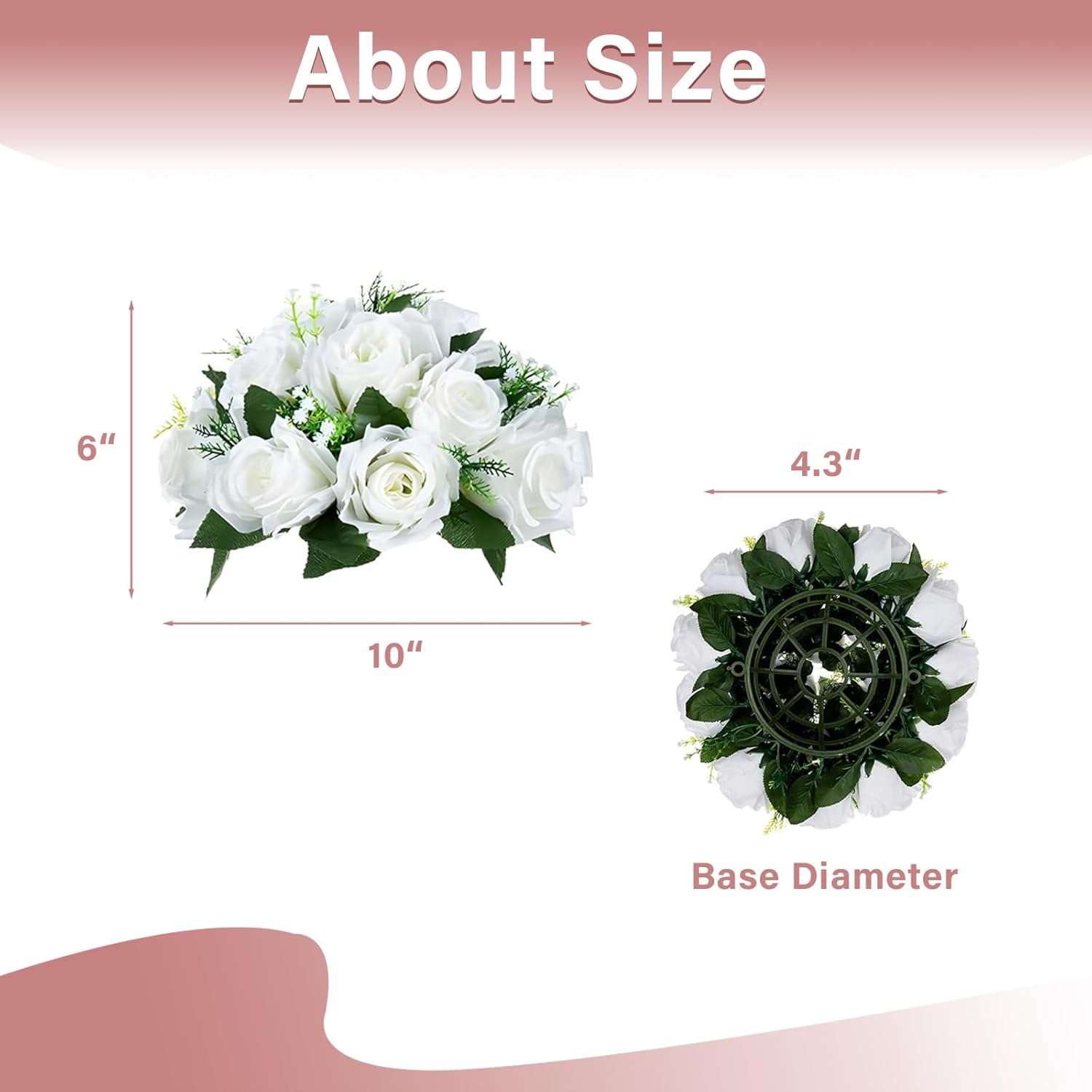 Artificial Flowers Ball Wedding Centerpieces, 10" Large Pure White Flower Garland Center Piece, 10 Pcs Fake Flowers, 15 Heads Plastic Roses With Base, Silk Flowers For Party, Home Décor