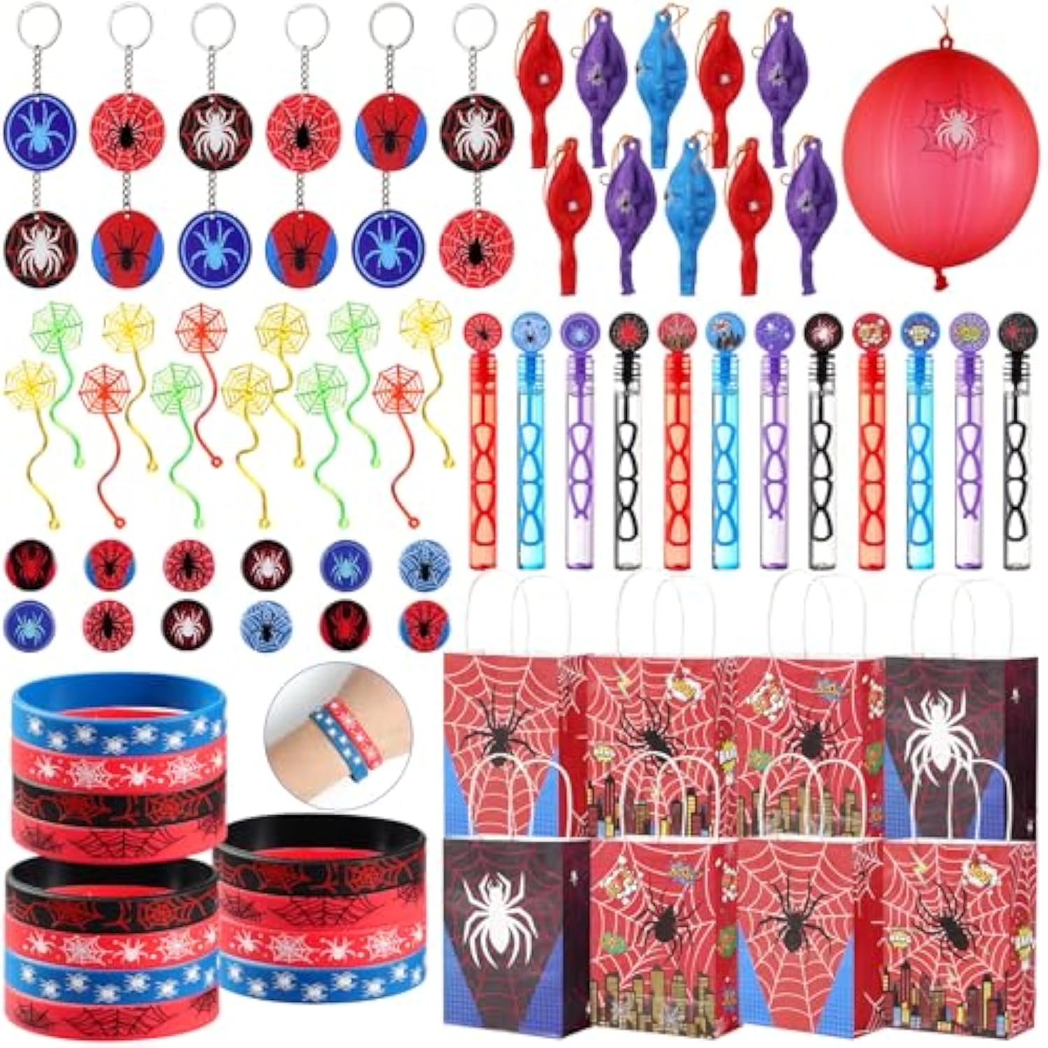 84Pcs Spider Party Favors Hero Theme Birthday Party Decorations Supplies For Kids,Gift Bag,Button Pins,Keychains Goodie Bag Stuffers,Classroom Rewards Gifts,Pinata Stuffers For Boys Movie Fans
