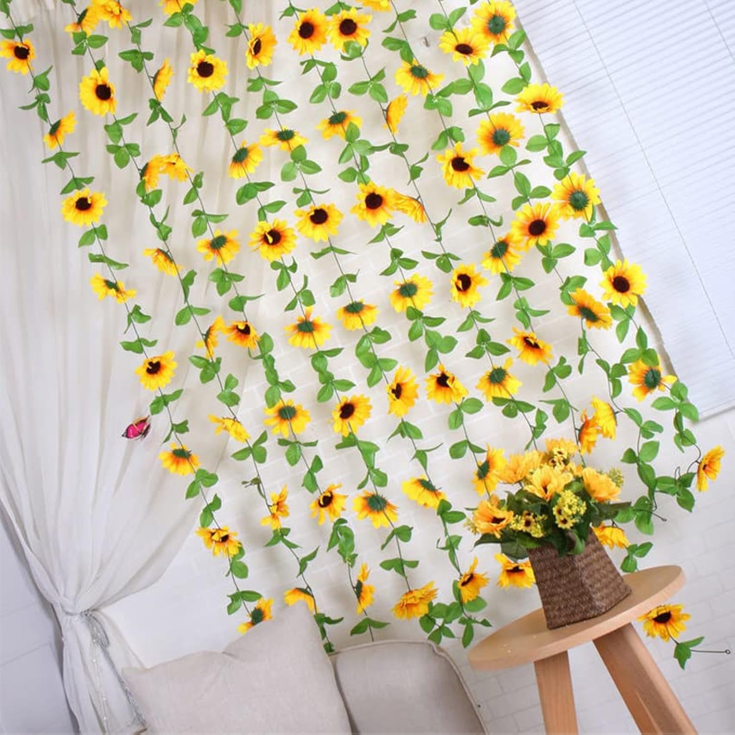 2 Pack Artificial Sunflower Garland Silk Sunflower Vine Artificial Flowers Green Leaves Fabric Floral Head Fake Sunflowers Vine For Wedding Table Home Craft Party Decoration
