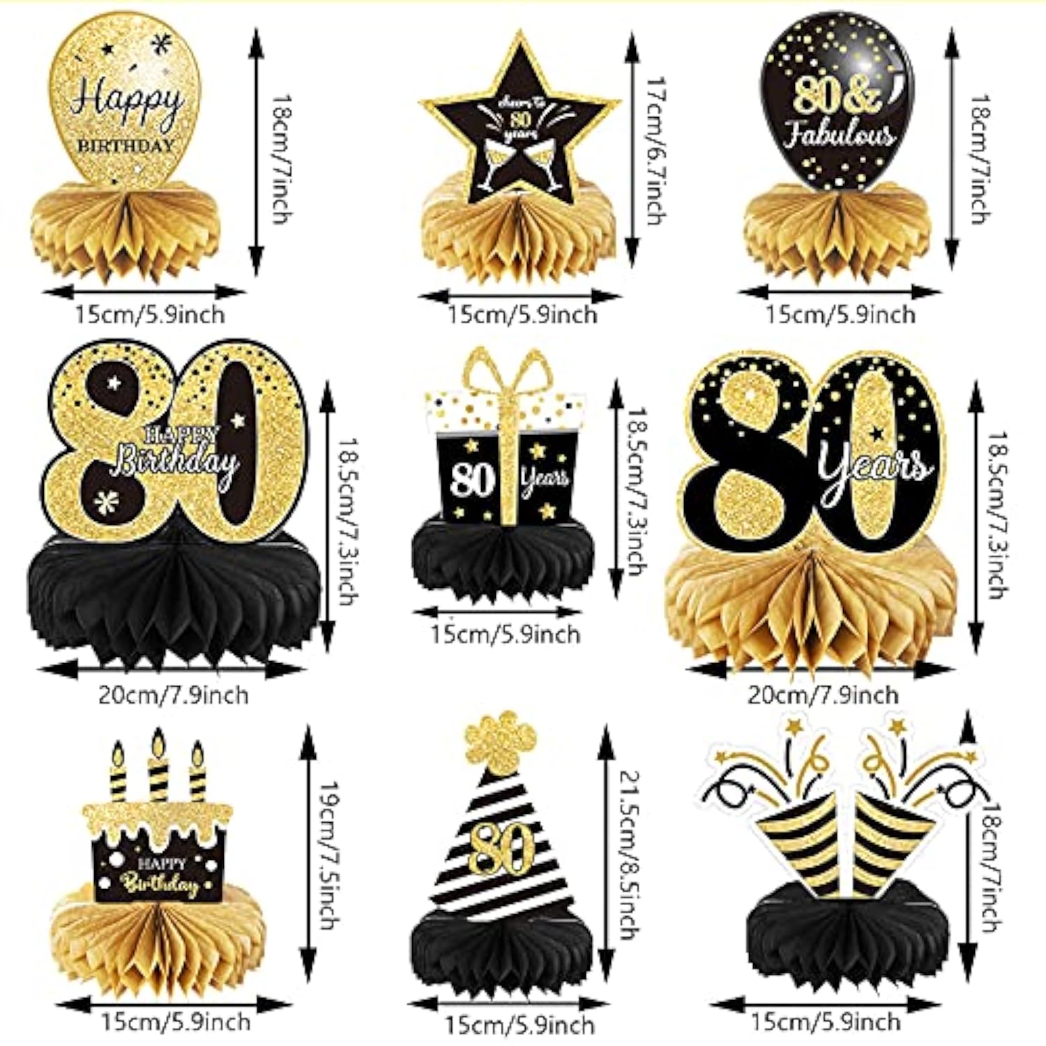 9pcs 80th Birthday Honeycomb Table Centerpieces - Cheers to 80 Years Decor