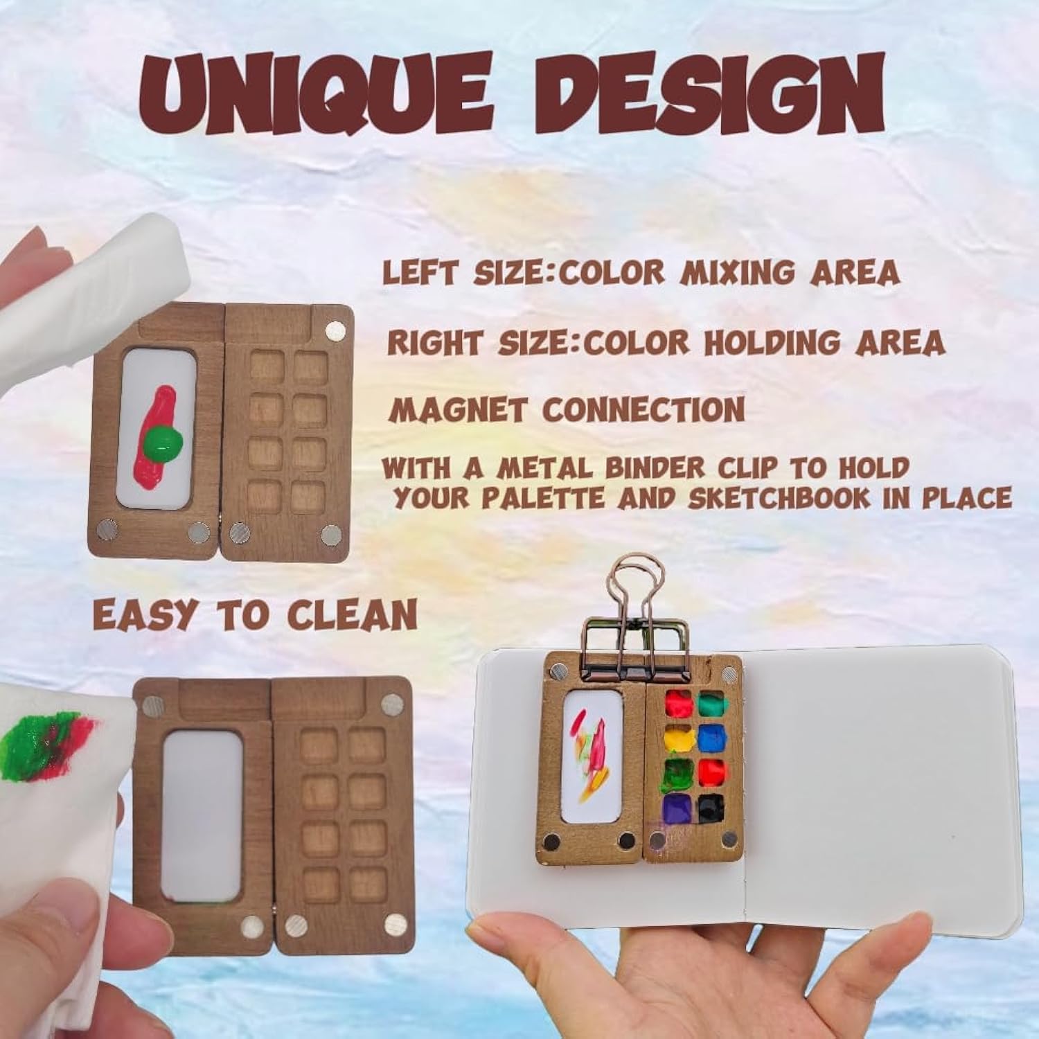 Mini Watercolor Paint Set Portable, 12 Color Pocket Artist Watercolour Travel Palette Set, Wooden 8 Grids Paint Palette Box With Binder Clips Sketchbook And Storage Bag