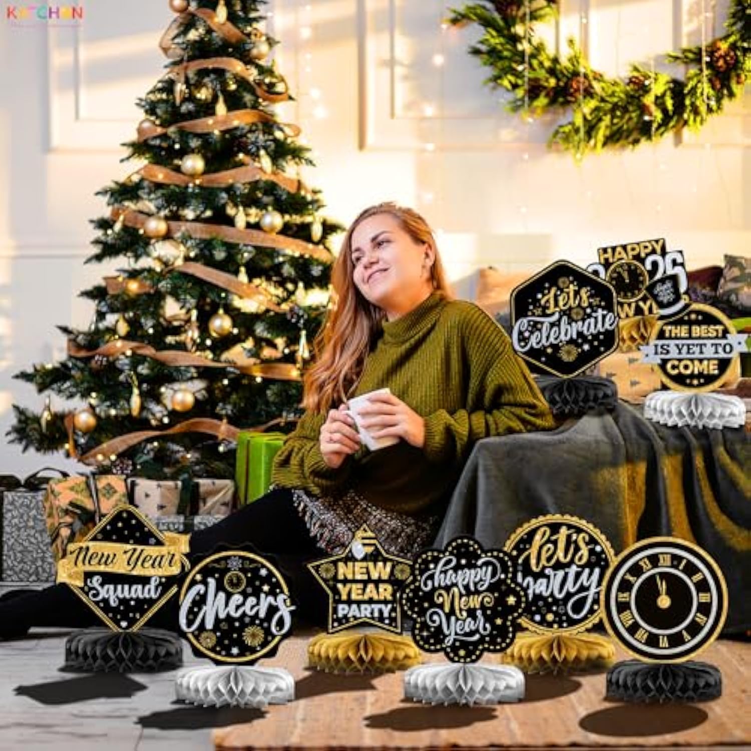 9 Pcs Black Gold New Year 2026 Table Centerpieces Party Supplies