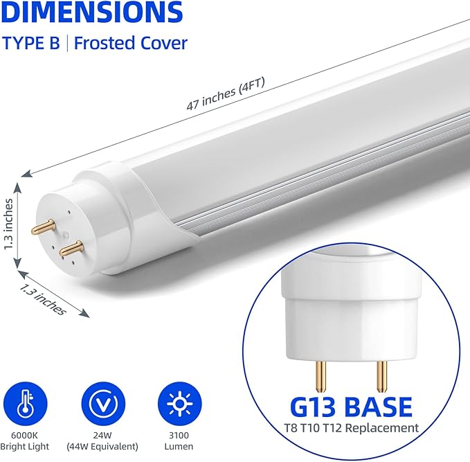 16 Pack 4FT T8 Type B LED Tube Lights 24W 3500LM 6000K Dual End Ballast Bypass Replacement
