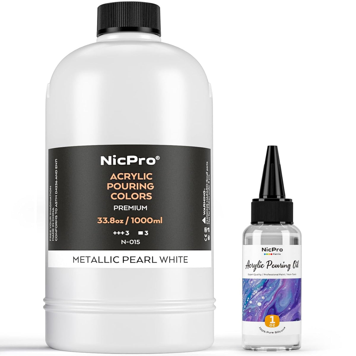 White Metallic Pearl Color Acrylic Pour Paint, 33.8 Ounce Pre-Mixed Pouring Paint Supplies With Silicone Pour Oil, Gloves For Canvas, Rock, Wood Cell Creation Flow Diy Art Painting, Ready To Pour