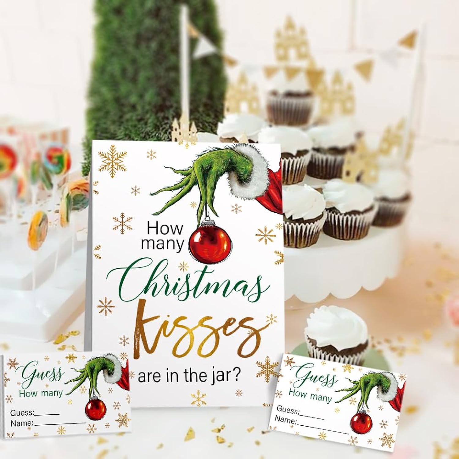 How Many Cristmas Kisses Are In The Jar Christmas Theme Party Sign, Snowflake Decorations Theme Party Card Kit (1 Sign & 50 Guessing Cards), Festive Activities Party Card-25, Little, White