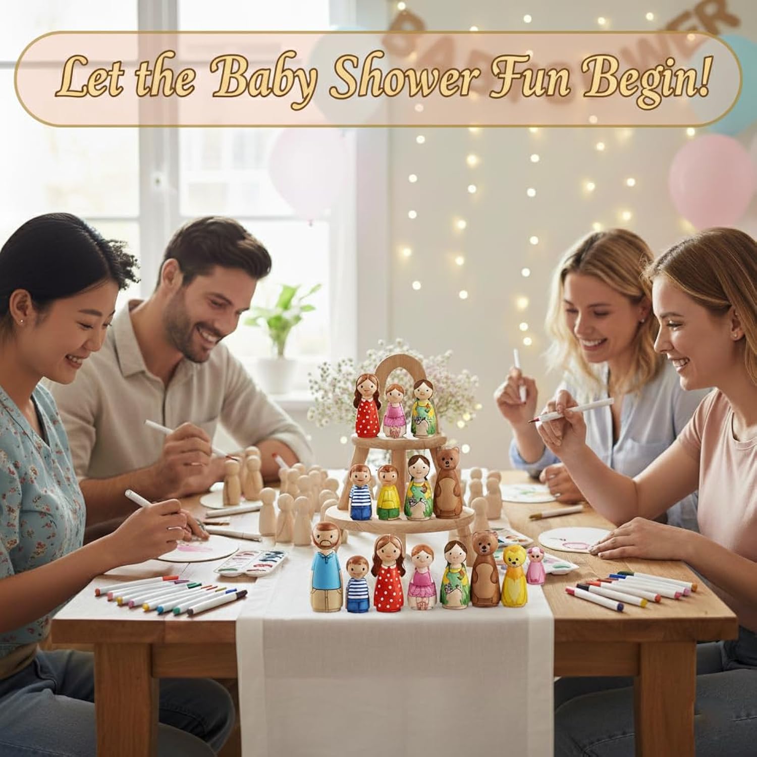 Fun Baby Shower Games Painting Kit, Diy Wooden Blank Dolls For Coloring, Baby Shower Activities With 24 Acrylic Marker Pens