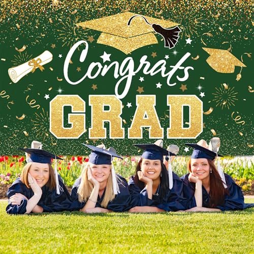 Graduation Party Decorations - Green Gold Congrats Grad Class of 2026 Backdrop Banner Large Sign Wall Decorations Photography Background Party Supplies for 2026 Graduation Party Decorations