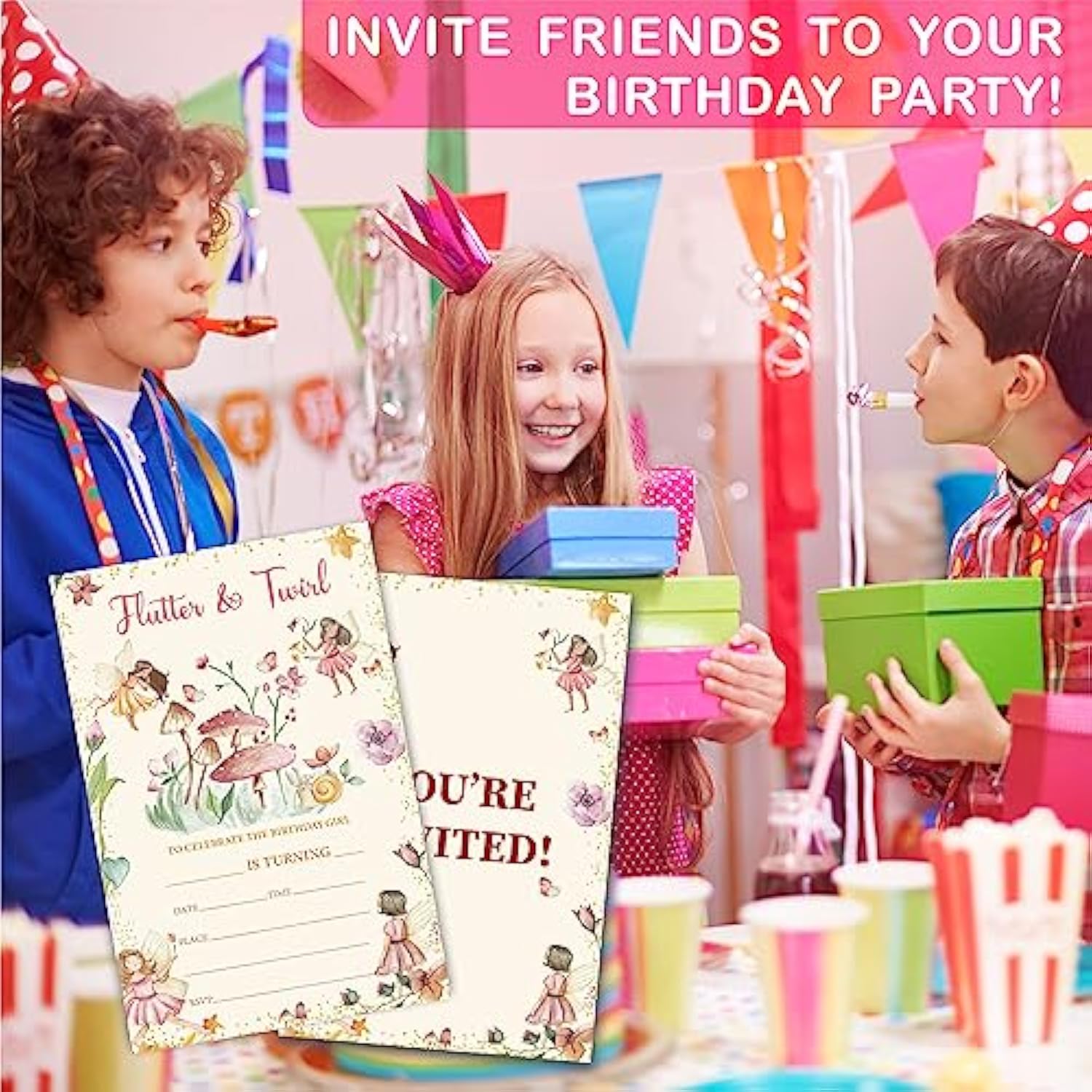 Fairy Theme Birthday Invitations, Flutter & Twirl Birthday Party Invite Cards For Boys & Girls - 20 Double Side Fill-In Invites With Envelopes, Party Favor & Decorations - A19