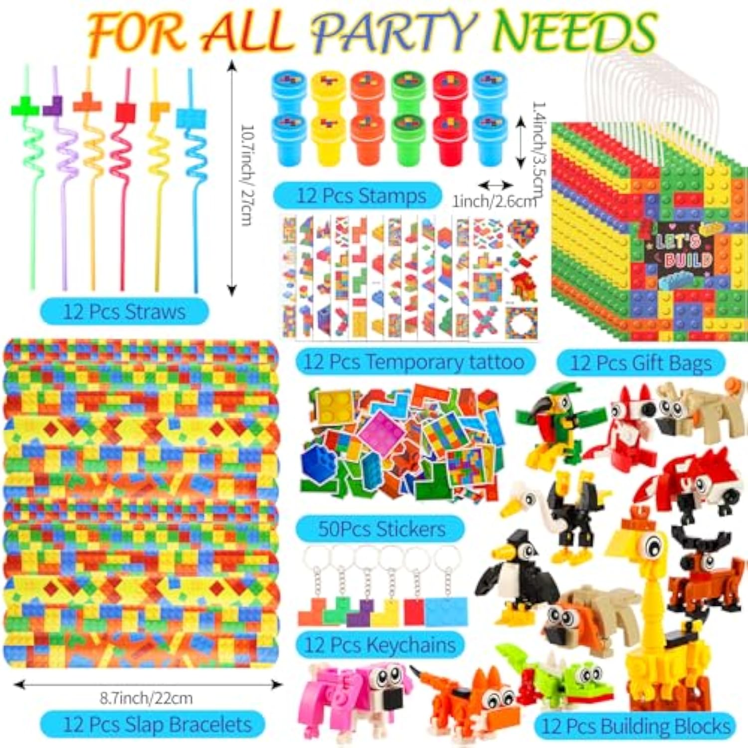 134 Pcs Building Blocks Party Favors With Reusable Drinking Straws Animal Building Blocks Slap Bracelets Keychains Stamps Stickers And Gift Bags For Kids Gamer Birthday Party Supplies (Building)