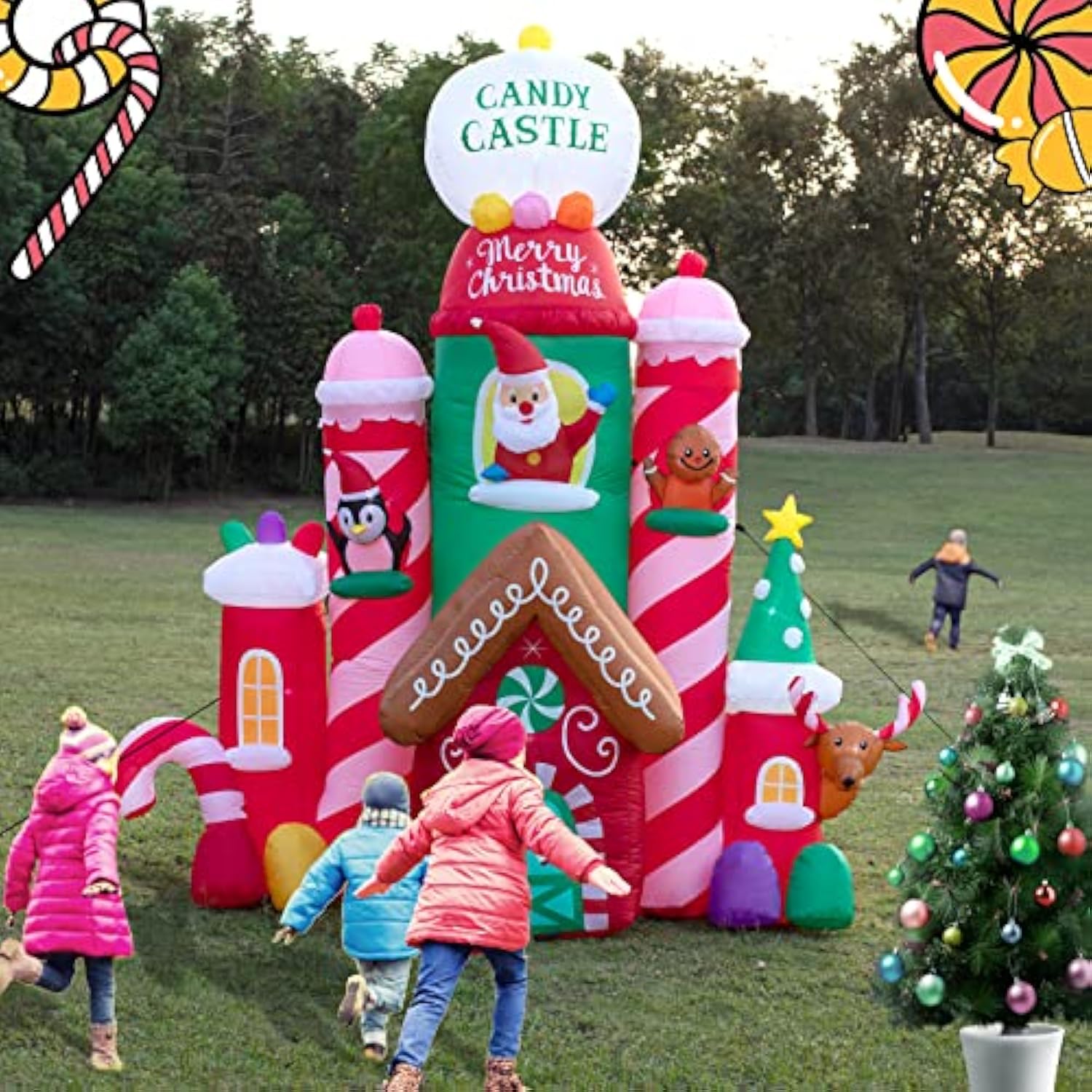 10 Ft Christmas Inflatable Decorations,Gaint Candy Castle Inflatable With Santa,Reindeer,Penguin,Gingerbread - Blow Up Y