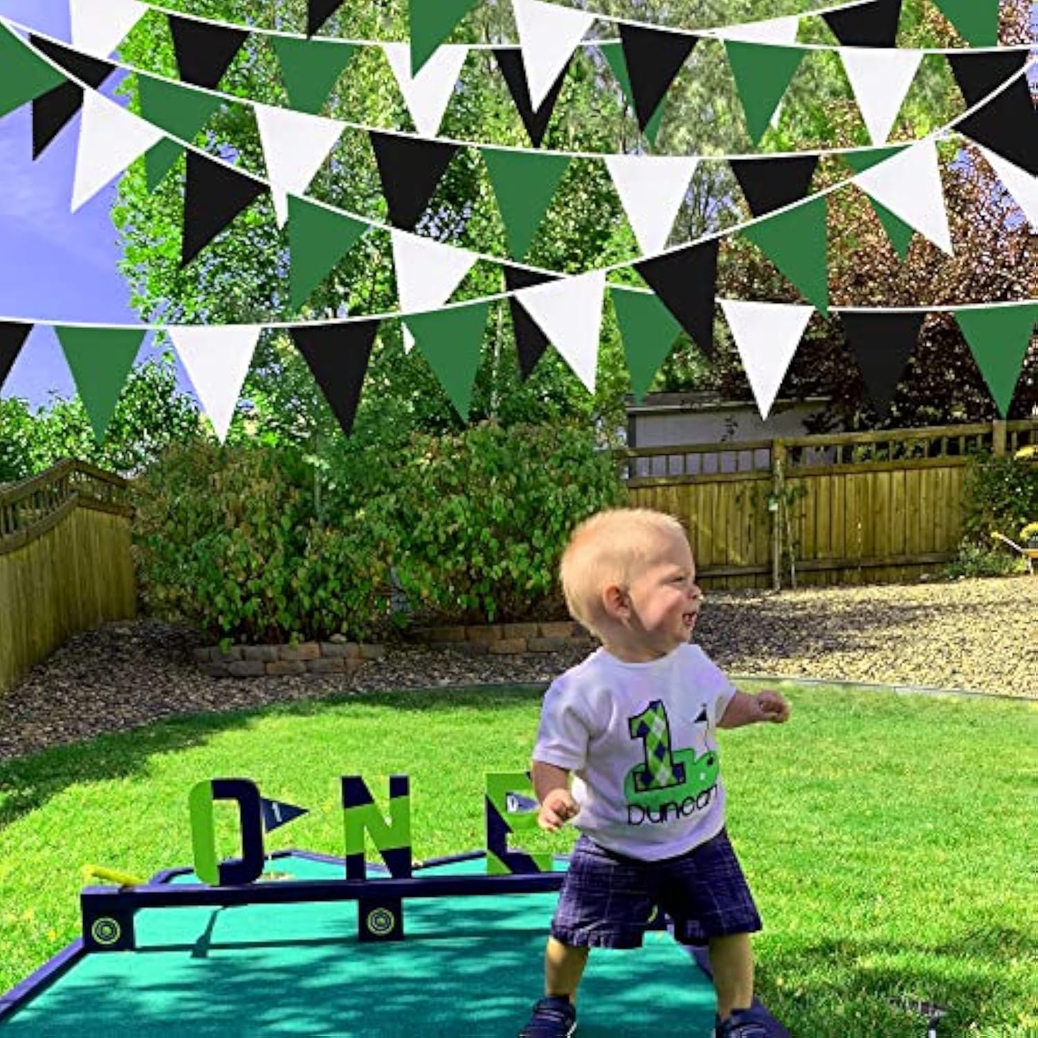 32Ft Green, White & Black Party Decorations, Pennant Banner for Graduation, Birthday & Events