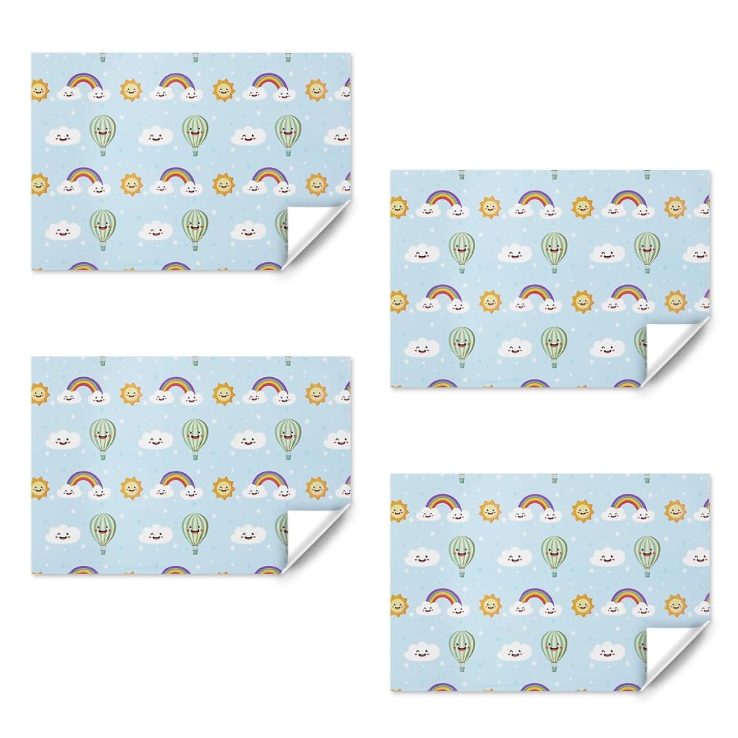 Cute Rainbow Clouds And Sunshine Float Away In A Hot Air Balloon With Smile Face On Bright Blue Wrapping Paper For Babies Boys Kids Happy Birthday Party Babay Shower, Folded Flat 30 X 20 Inch, 4