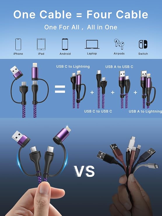 4 in 1 60W USB C Lightning Charging Cable 6FT MFi Certified Fast Charging Cord