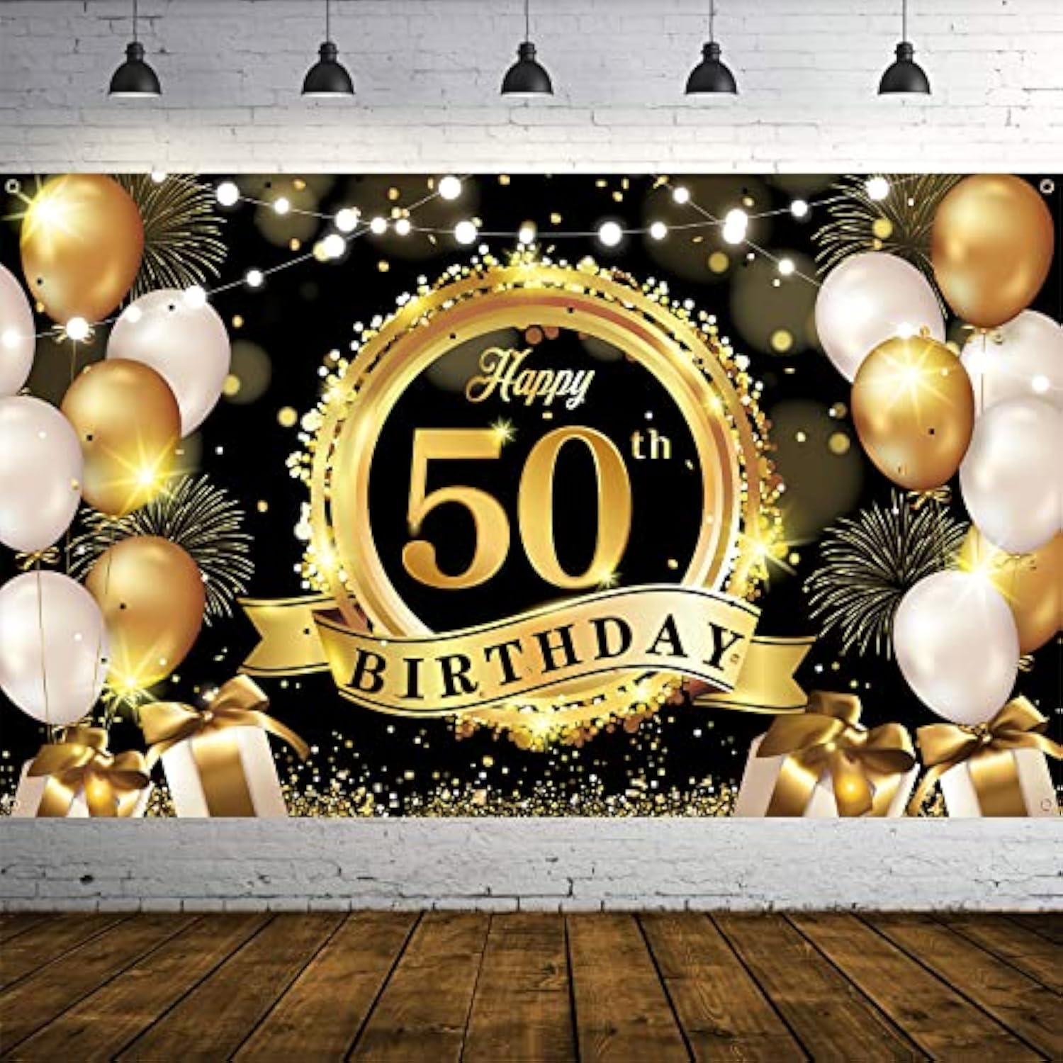 Happy 50th Birthday Backdrop - Black & Gold Extra Large Fabric Banner (72.8x43.3 Inch)
