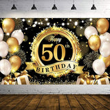 Happy 50th Birthday Backdrop - Black & Gold Extra Large Fabric Banner (72.8x43.3 Inch)
