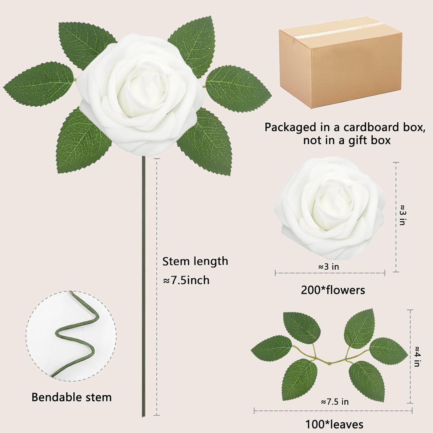 200Pcs Artificial Flowers White Roses Real Looking Foam Fake Roses With Leaves And For Diy Wedding Bouquets Bridal Shower Centerpieces Party Decorations (White, 200)