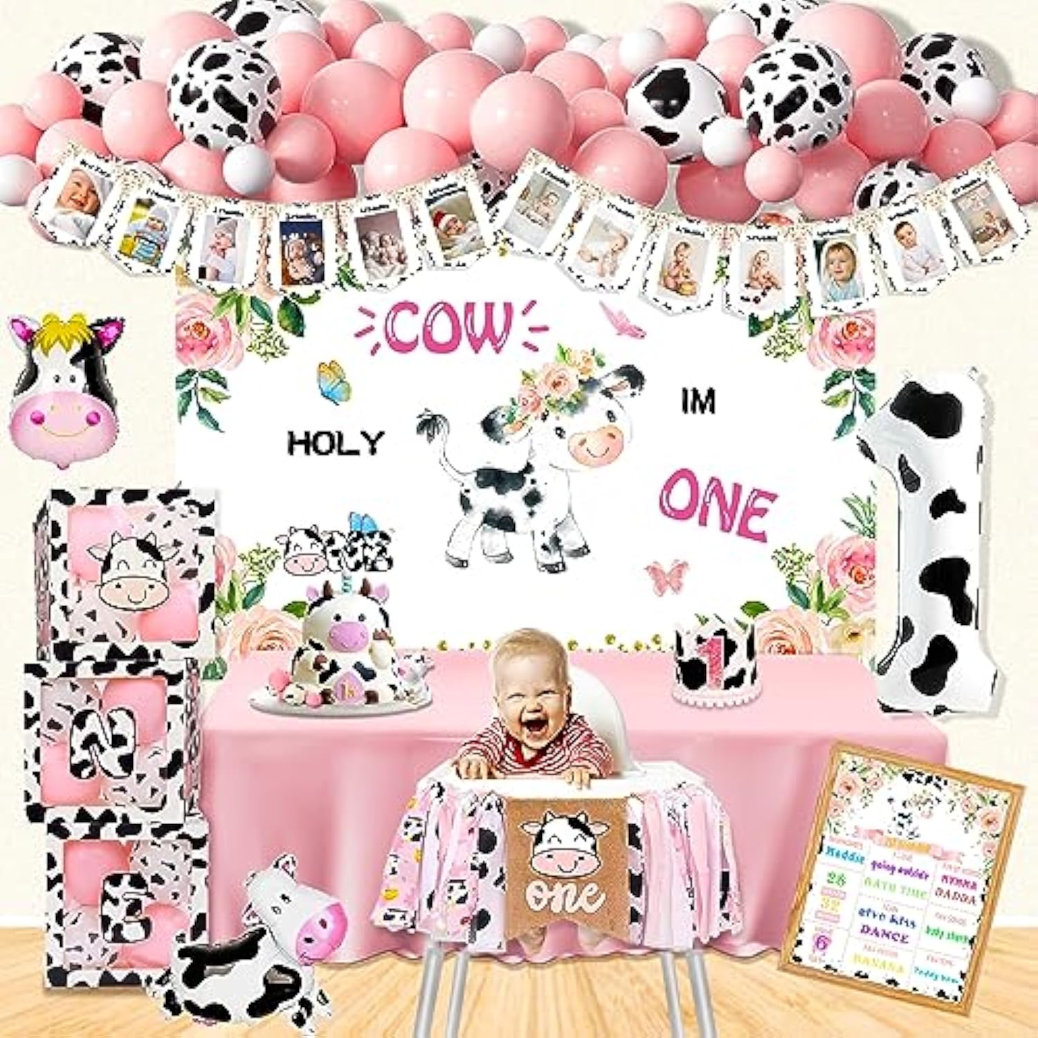 Holy Cow I'M One Birthday Decorations - Cow Theme First Birthday Supplies For Girls, Backdrop, High Chair Banner, One Balloon Box
