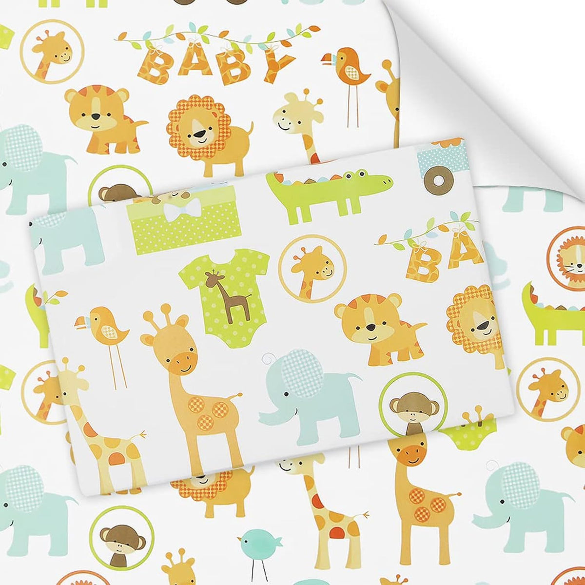 Gift Wrapping Paper For Baby Infant Boys Girls, Forest Animals Lion Giraffe Elephant Monkey Crocodile Wrapping Paper Sheet For Baby Shower Birthday Kindergarten Newborn Children Kid