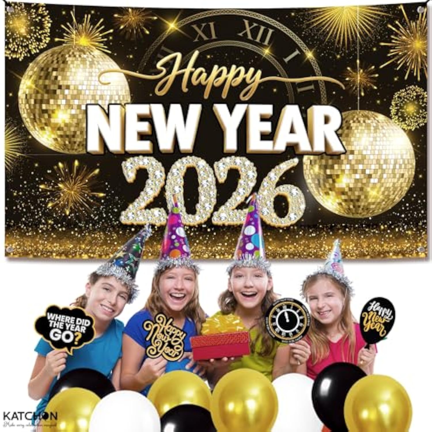 XL Gold Happy New Year 2026 Banner 72x44in Party Backdrop Decorations